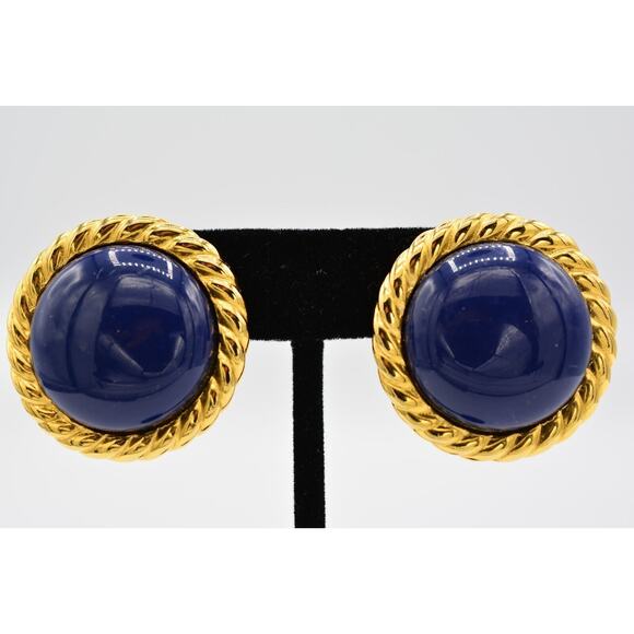 Ben-Amun Vintage Cabochon Clip Earrings Gold Tone Heavy Chunky Signed 1980s Bin4